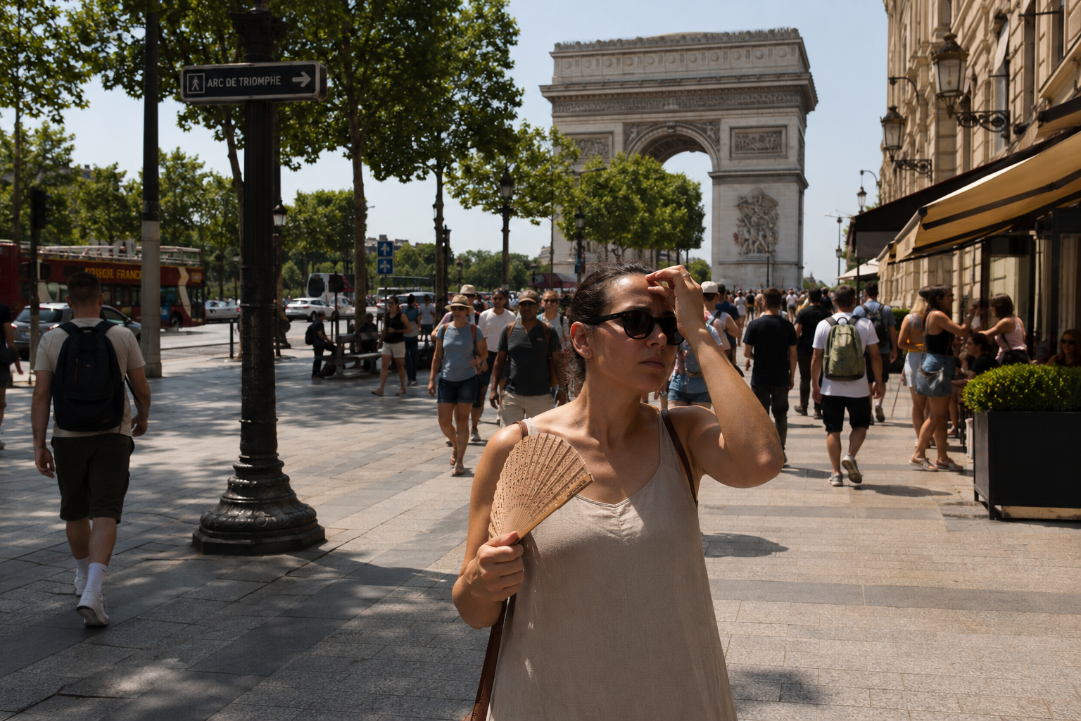 People walk through central Paris during an extreme heatwave as temperatures rise above 40°C.