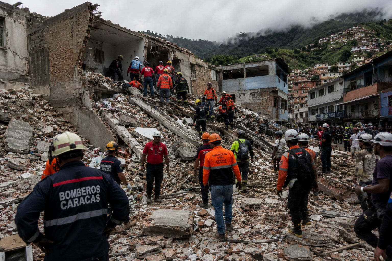 Equipos de rescate trabajan entre los escombros tras los terremotos registrados en el norte de Venezuela.