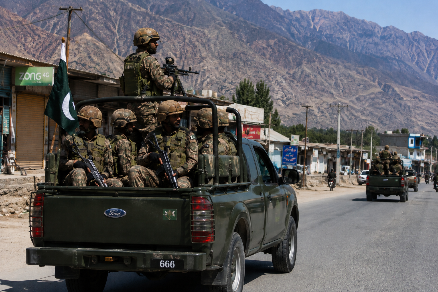 Pakistani security personnel operating in a mountainous border region during a security operation.