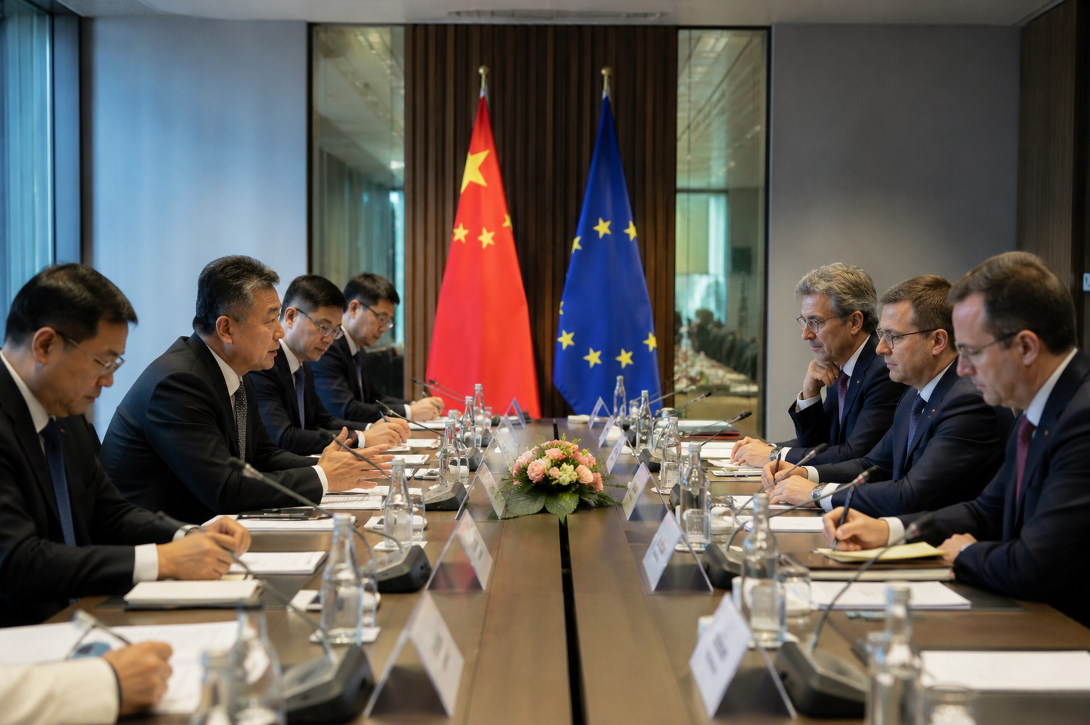 Government officials participate in trade talks between the European Union and China in Brussels.