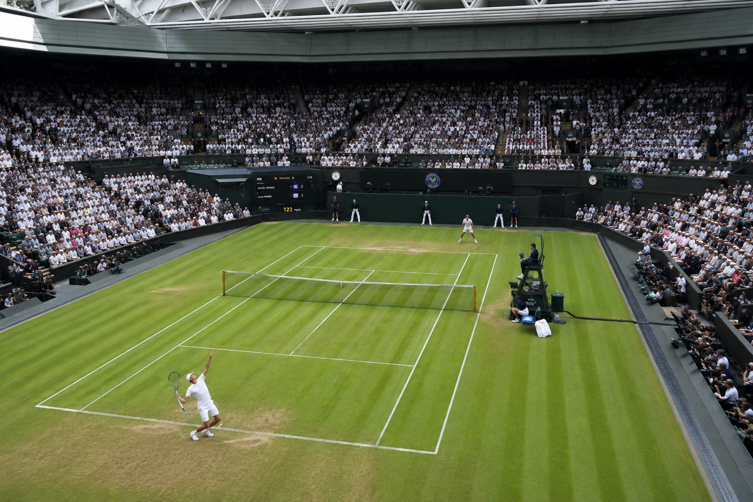Jugador de tenis disputa un partido de primera ronda durante Wimbledon 2026 sobre las tradicionales canchas de césped en Londres.