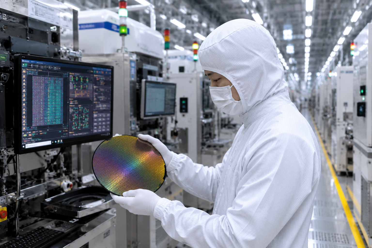 Engineers work inside a high-tech semiconductor manufacturing facility equipped with advanced production equipment.