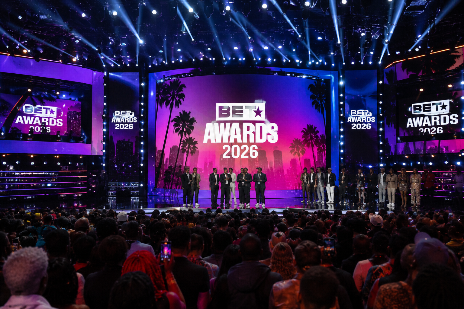 The stage at the 2026 BET Awards during a live performance with performers and a cheering audience.